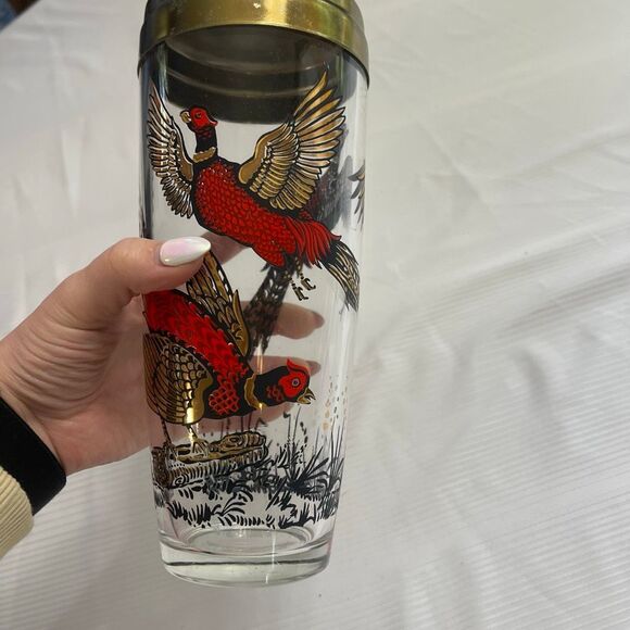 Vintage Mid Century Glass Cocktail Shaker Drink Mixer Pheasant Bird MCM 9” - Picture 7 of 7